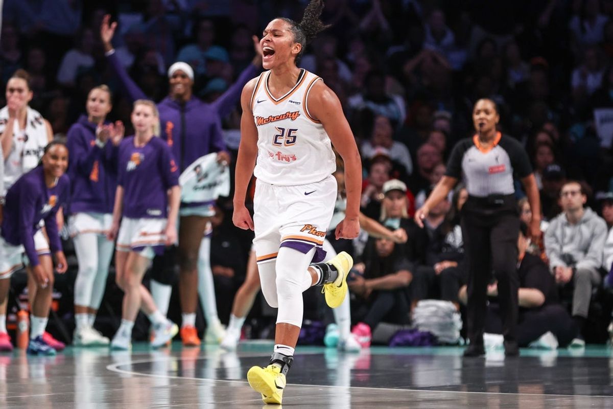 Sep 17, 2025; Brooklyn, New York, USA; Phoenix Mercury forward Alyssa Thomas (25) celebrates after a time out called by the New York Liberty during game two of round one for the 2025 WNBA Playoffs at Barclays Center. Mandatory Credit: Wendell Cruz-Imagn Images
