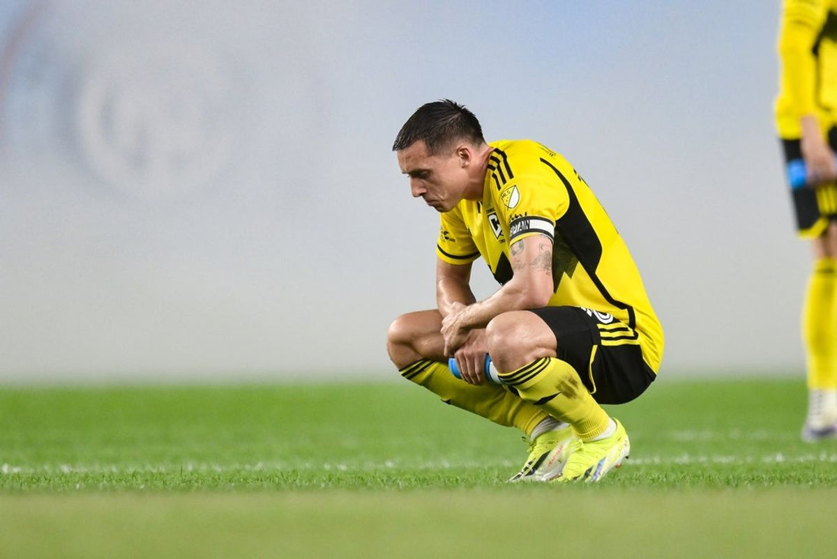 Sep 17, 2025; Bronx, New York, USA; Columbus Crew defender Malte Amundsen (18) reacts after the game against New York City at Yankee Stadium. Mandatory Credit: John Jones-Imagn Images