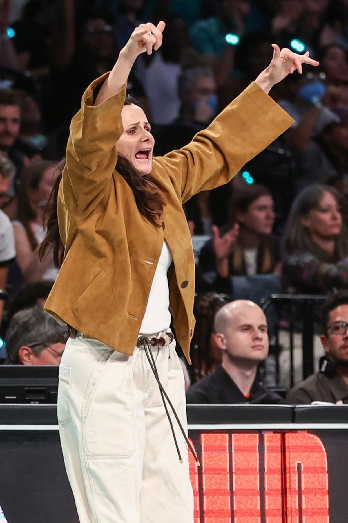 Sep 17, 2025; Brooklyn, New York, USA; New York Liberty head coach Sandy Brondello yells out instructions against the Phoenix Mercury during game two of round one for the 2025 WNBA Playoffs at Barclays Center. Mandatory Credit: Wendell Cruz-Imagn Images