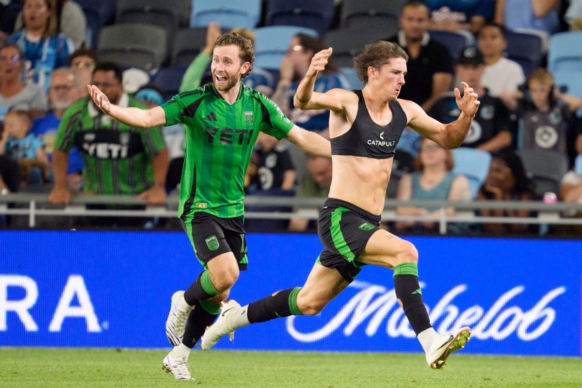 Sep 17, 2025; St. Paul, Minnesota, USA; Austin FC forward CJ Fodrey (19) celebrates with Austin FC forward Jon Gallagher (17) after scoring the game winning goal against Minnesota United in the second overtime half at Allianz Field. Mandatory Credit: Matt Blewett-Imagn Images