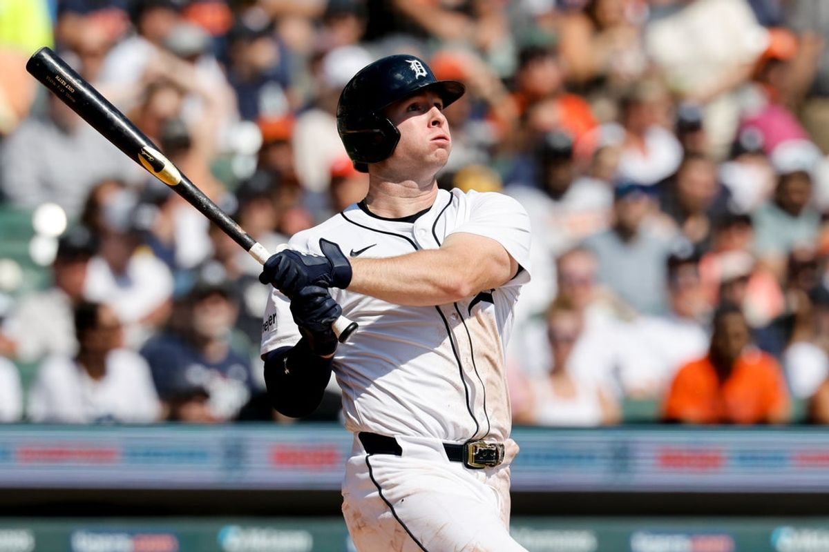 Sep 18, 2025; Detroit, Michigan, USA;  Detroit Tigers second base Colt Keith (33) hits an RBI double in the second inning against the Cleveland Guardians at Comerica Park. Mandatory Credit: Rick Osentoski-Imagn Images