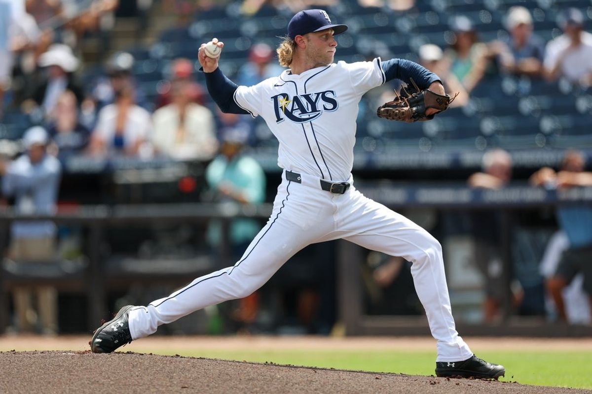 Sep 18, 2025; Tampa, Florida, USA; Tampa Bay Rays starting pitcher Shane Baz (11) throws a pitch against the Toronto Blue Jays in the first inning at George M. Steinbrenner Field. Mandatory Credit: Nathan Ray Seebeck-Imagn Images