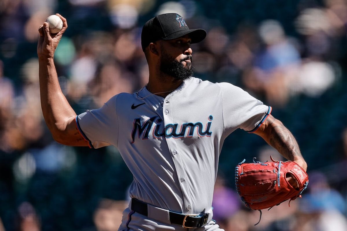 Sep 18, 2025; Denver, Colorado, USA; Miami Marlins starting pitcher Sandy Alcantara (22) pitches in the first inning against the Colorado Rockies at Coors Field. Mandatory Credit: Isaiah J. Downing-Imagn Images