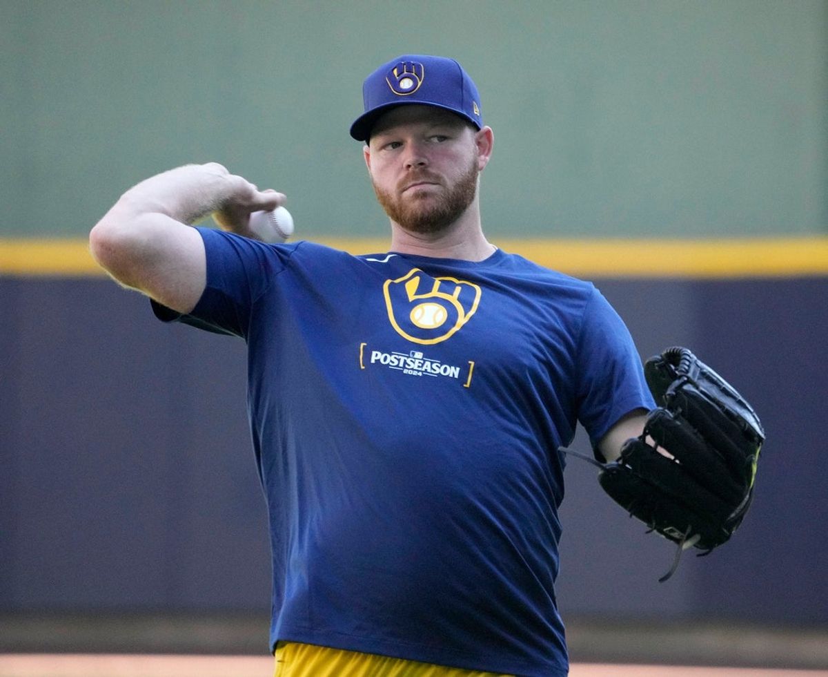 Brandon Woodruff throws some pitches before the Tuesday Milwaukee Brewers National League Wild Card playoff series at American Family Field in Milwaukee on Monday, Sept. 30, 2024. - Mike De Sisti / Milwaukee Journal Sentinel