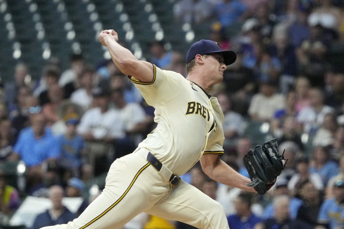 Sep 18, 2025; Milwaukee, Wisconsin, USA; Milwaukee Brewers pitcher Quinn Priester (46) delivers a pitch against the Los Angeles Angels in the first inning at American Family Field. Mandatory Credit: Michael McLoone-Imagn Images