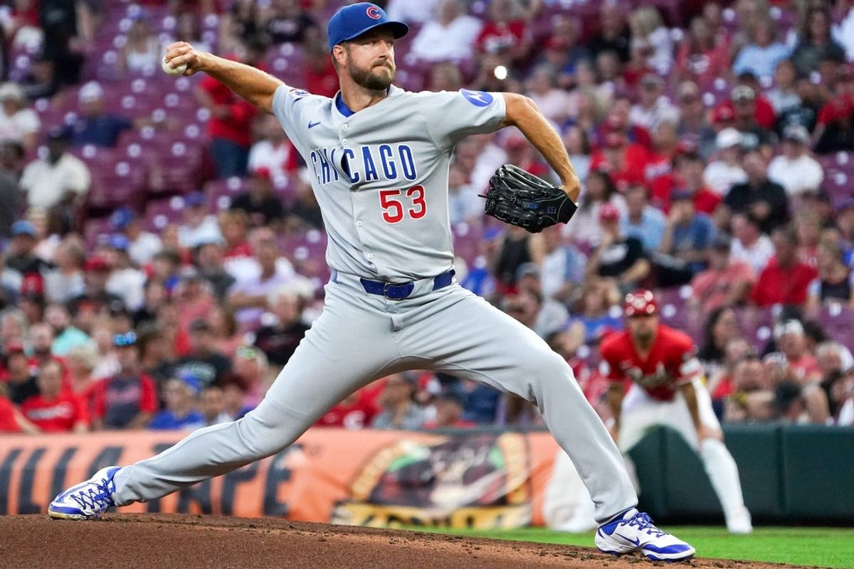 Chicago Cubs pitcher Colin Rea (53) delivers a pitch in the first inning of a MLB game between the Cincinnati Reds and Chicago Cubs, Thursday, Sept. 18, 2025, at Great American Ball Park in downtown Cincinnati.