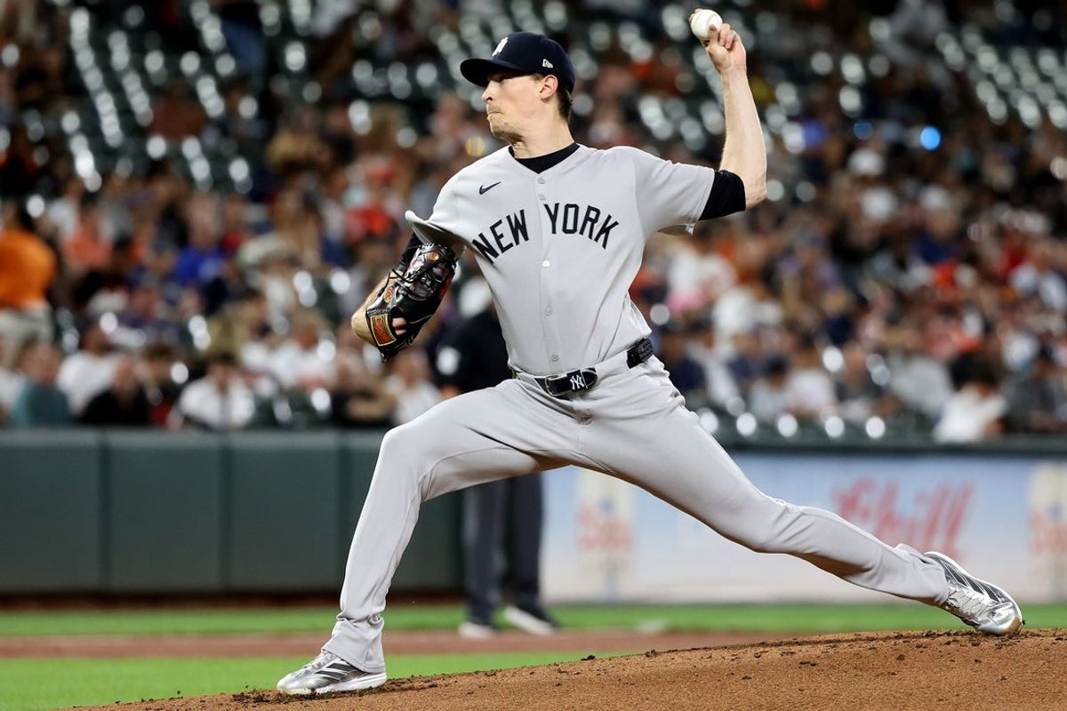 Sep 18, 2025; Baltimore, Maryland, USA; New York Yankees pitcher Max Fried (54) throws during the first inning against the Baltimore Orioles at Oriole Park at Camden Yards. Mandatory Credit: Daniel Kucin Jr.-Imagn Images