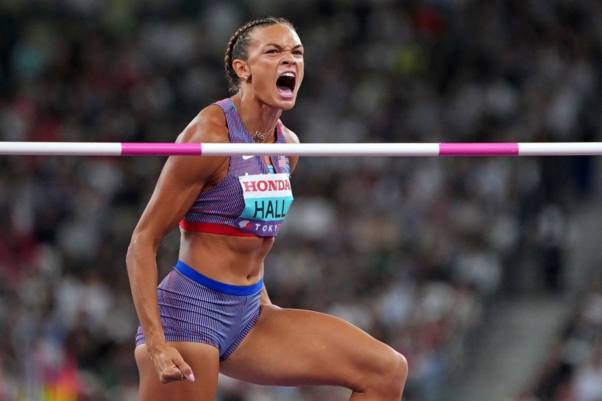 Sep 19, 2025; Tokyo, Japan; Anna Hall (USA) competes in the heptathlon during the World Athletics Championships at National Stadium. Mandatory Credit: Kirby Lee-Imagn Images
