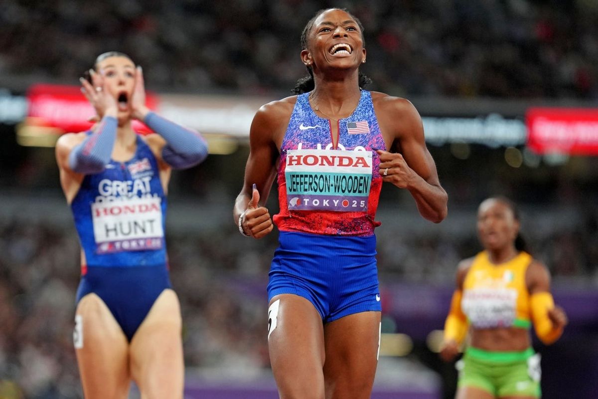 Sep 19, 2025; Tokyo, Japan; Melissa Jefferson-Wooden (USA) celebrates winning the gold medal  in the womens 200m during the World Athletics Championships at National Stadium. Mandatory Credit: Kirby Lee-Imagn Images
