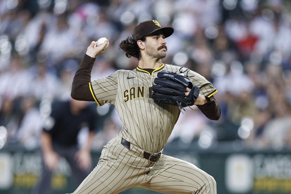 Sep 19, 2025; Chicago, Illinois, USA; San Diego Padres starting pitcher Dylan Cease (84) delivers a pitch against the Chicago White Sox during the first inning at Rate Field. Mandatory Credit: Kamil Krzaczynski-Imagn Images