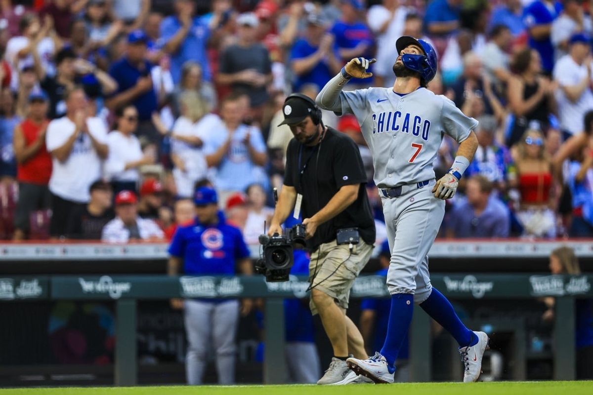 Sep 19, 2025; Cincinnati, Ohio, USA; Chicago Cubs shortstop Dansby Swanson (7) reacts after hitting a solo home run in the second inning against the Cincinnati Reds at Great American Ball Park. Mandatory Credit: Katie Stratman-Imagn Images