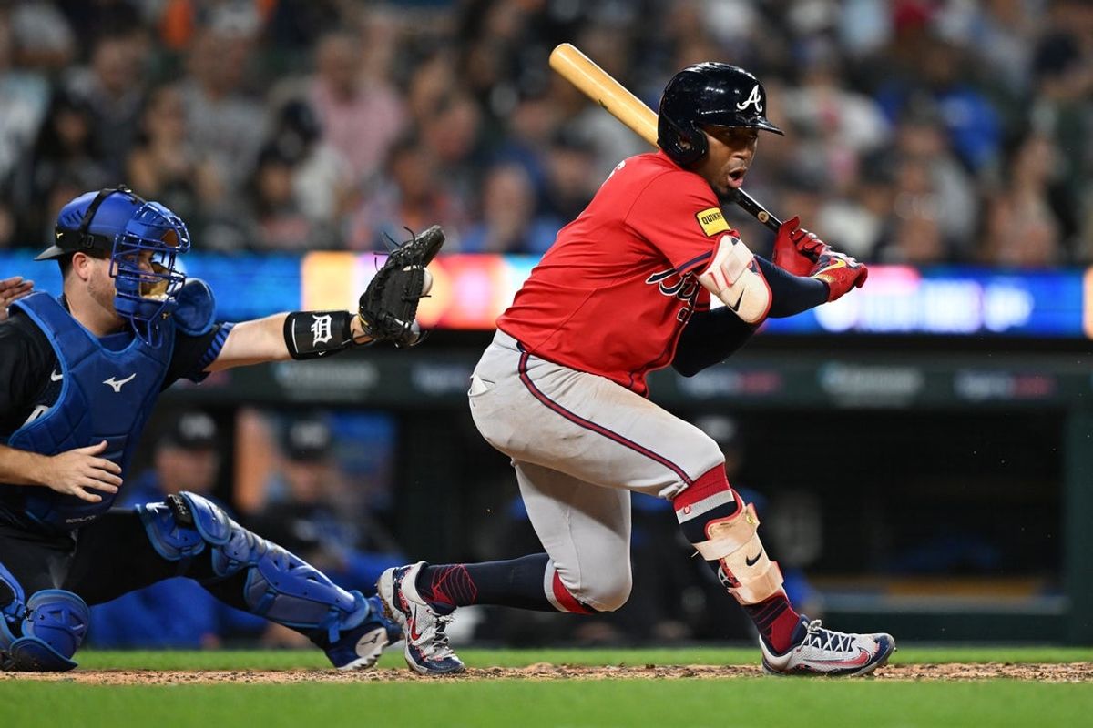 Sep 19, 2025; Detroit, Michigan, USA;  Atlanta Braves second baseman Ozzie Albies (1) checks his swing on a pitch against the Detroit Tigers in the fourth inning at Comerica Park. Mandatory Credit: Lon Horwedel-Imagn Images