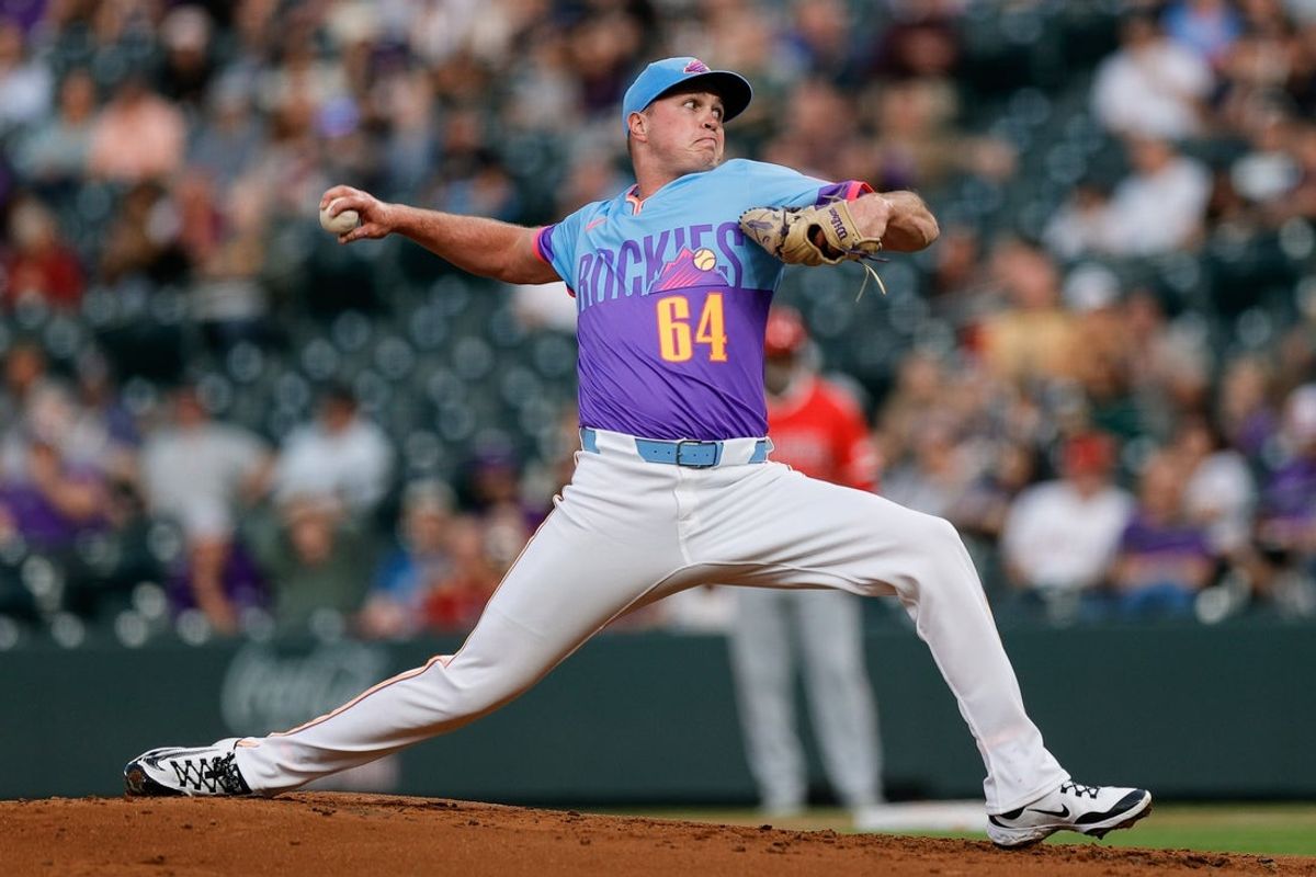 Sep 19, 2025; Denver, Colorado, USA; Colorado Rockies starting pitcher Bradley Blalock (64) pitches in the second inning against the Los Angeles Angels at Coors Field. Mandatory Credit: Isaiah J. Downing-Imagn Images