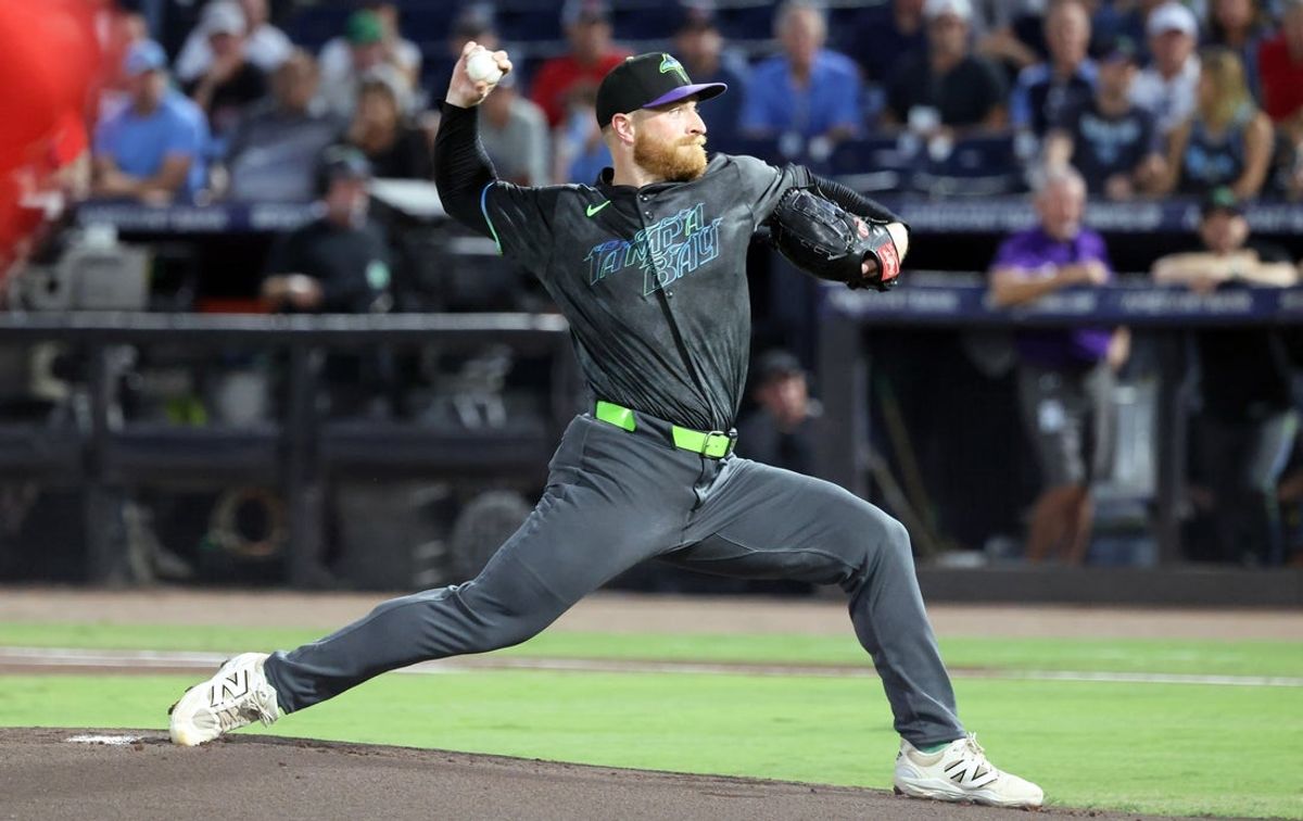Sep 19, 2025; Tampa, Florida, USA;  Tampa Bay Rays starting pitcher Drew Rasmussen (57) throws a pitch during the first inning against the Boston Red Sox at George M. Steinbrenner Field. Mandatory Credit: Kim Klement Neitzel-Imagn Images
