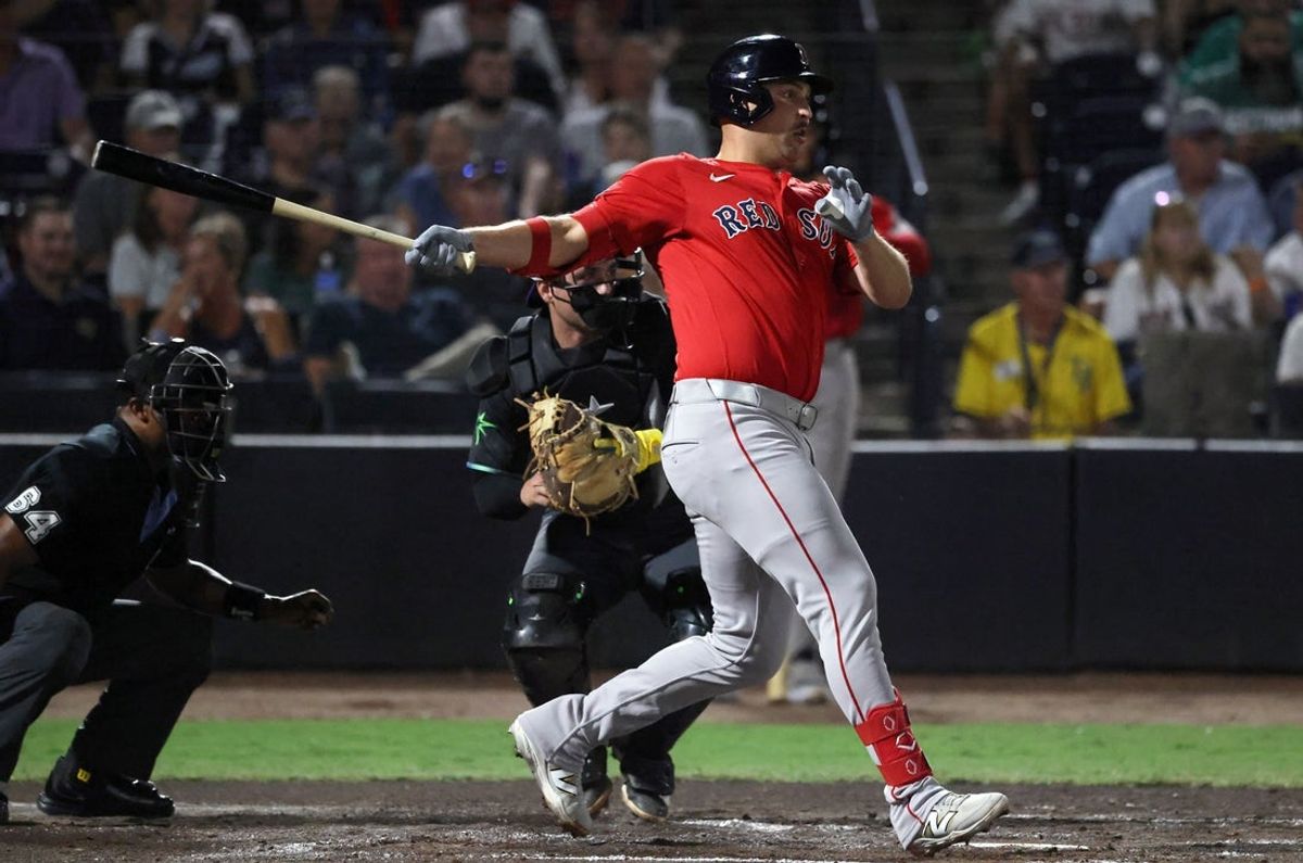 Sep 19, 2025; Tampa, Florida, USA; Boston Red Sox first base Nathaniel Lowe (37) hits a RBI single during the second inning against the Tampa Bay Rays at George M. Steinbrenner Field. Mandatory Credit: Kim Klement Neitzel-Imagn Images
