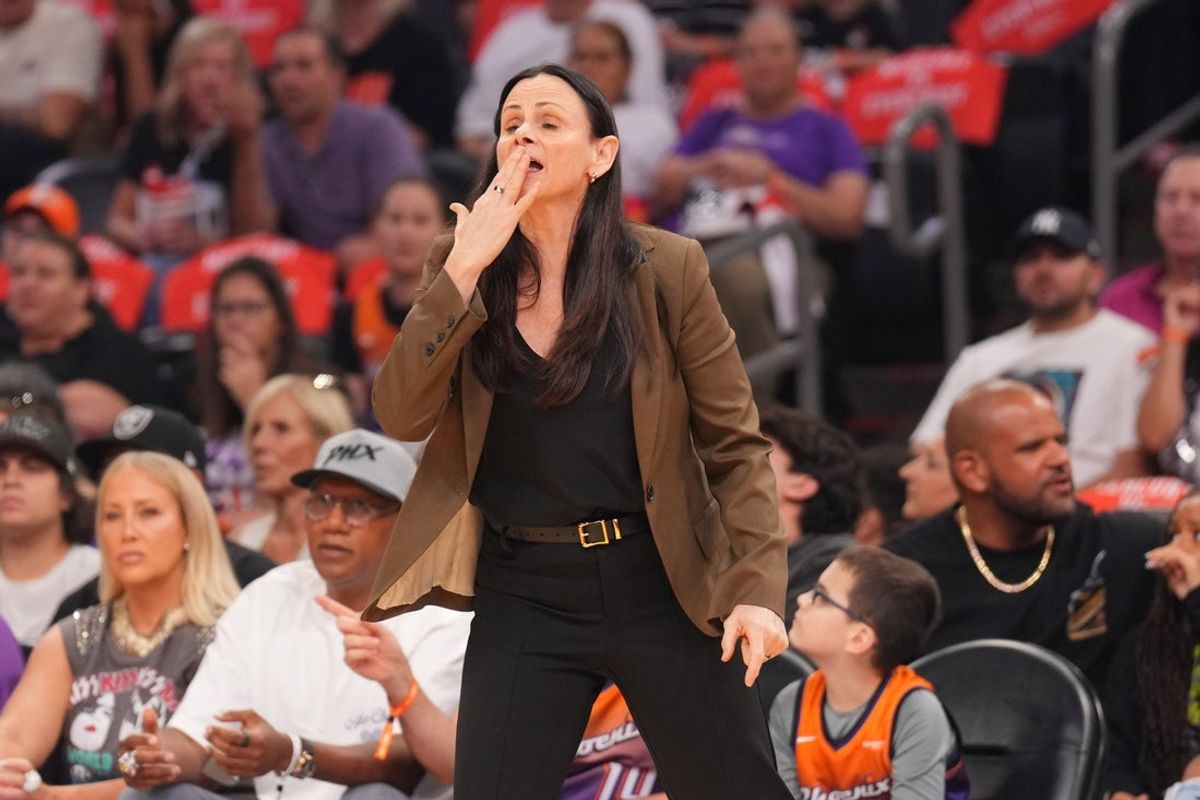 Sep 19, 2025; Phoenix, Arizona, USA; New York Liberty head coach Sandy Brondello reacts against the Phoenix Mercury during the first half of game three of round one for the 2025 WNBA Playoffs at PHX Arena. Mandatory Credit: Joe Camporeale-Imagn Images