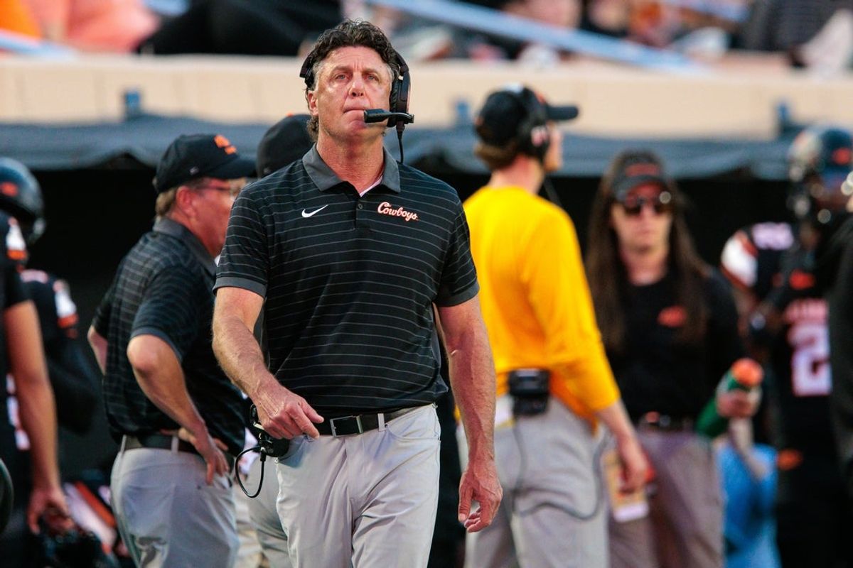 Sep 19, 2025; Stillwater, Oklahoma, USA; Oklahoma State Cowboys coach Mike Gundy on the sidelines during the first half against the Tulsa Golden Hurricane at Boone Pickens Stadium. Mandatory Credit: William Purnell-Imagn Images