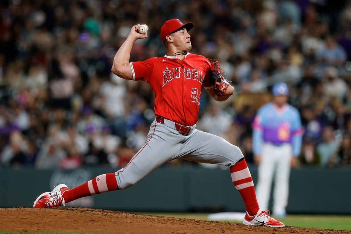 Sep 19, 2025; Denver, Colorado, USA; Los Angeles Angels relief pitcher Robert Stephenson (24) pitches in the seventh inning against the Colorado Rockies at Coors Field. Mandatory Credit: Isaiah J. Downing-Imagn Images