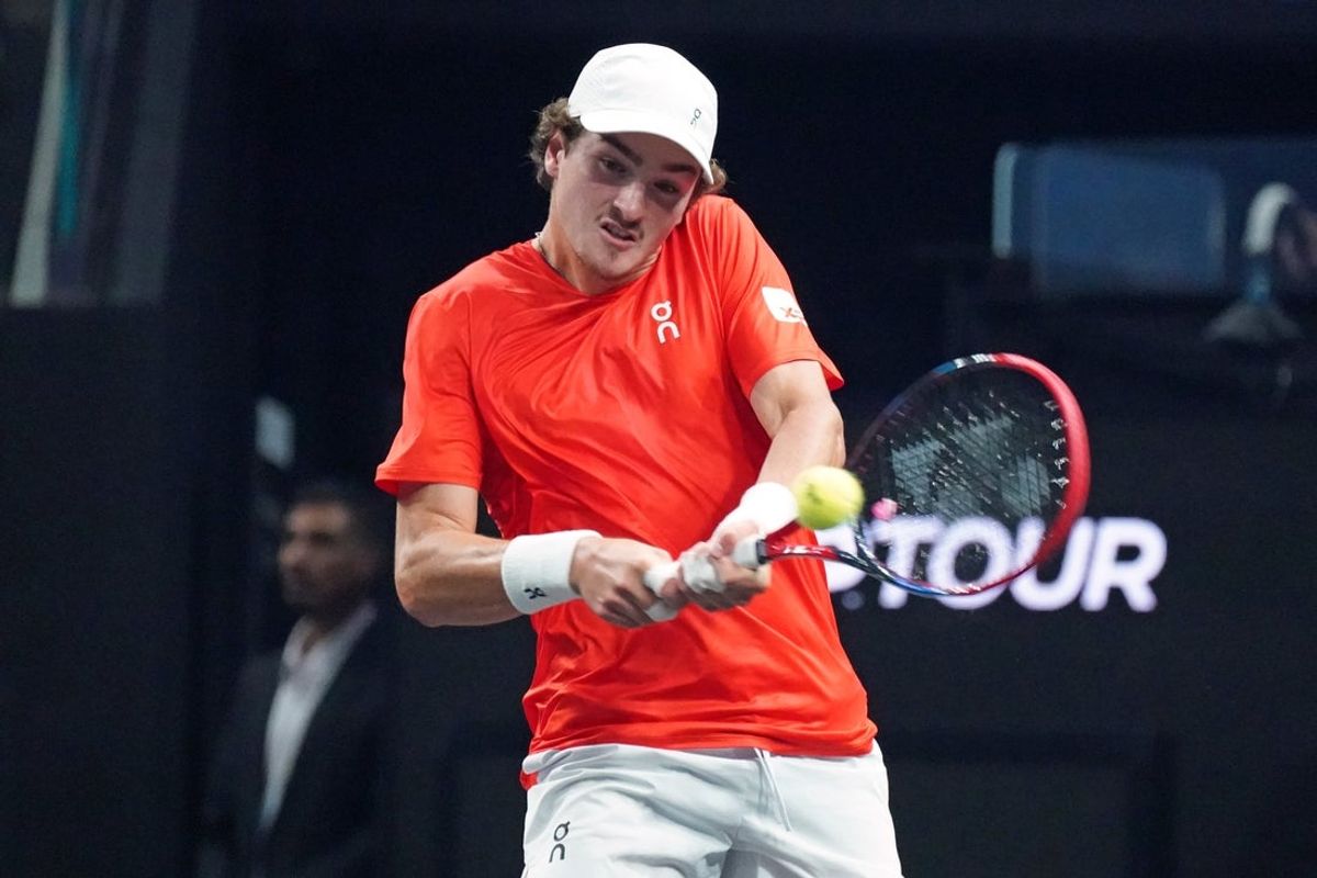 Sep 19, 2025; San Francisco, CA, USA; Team World player Joao Fonseca hits a backhand during his match against Team Europe player Flavio Cobolli at the Laver Cup at Chase Center. Mandatory Credit: David Gonzales-Imagn Images