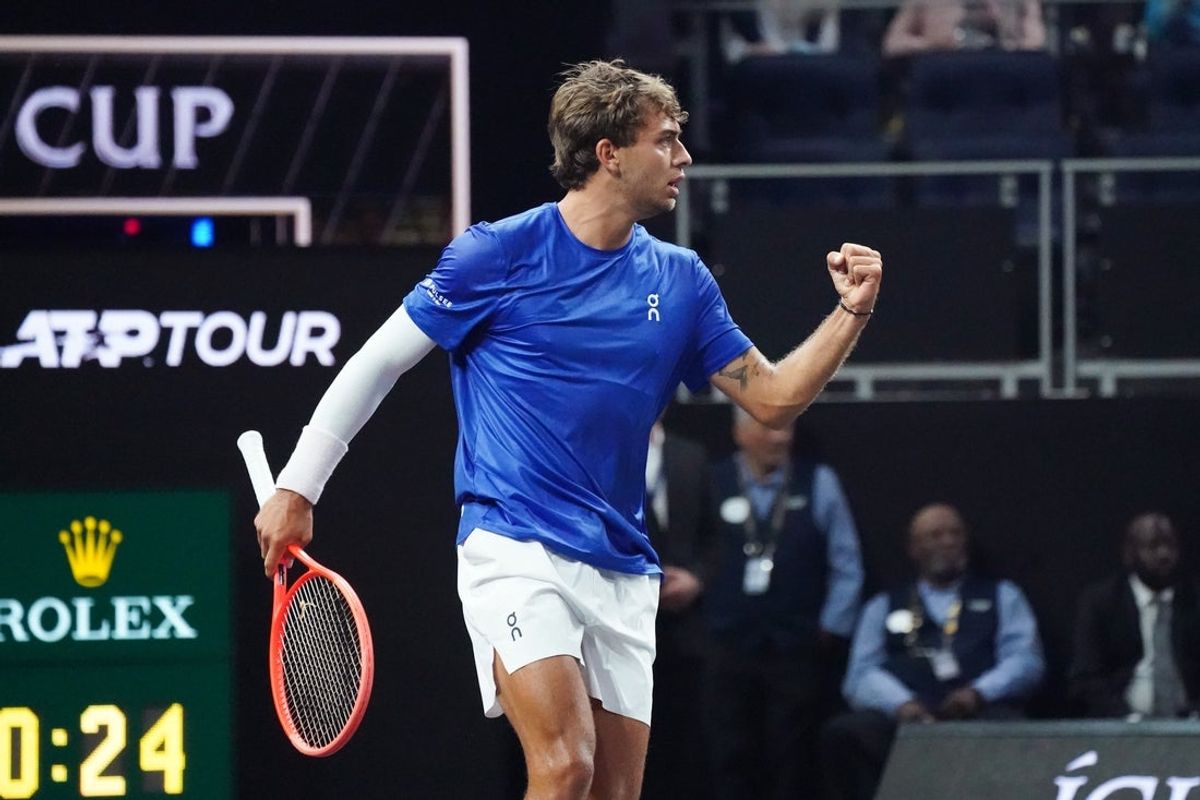 Sep 19, 2025; San Francisco, CA, USA; Team Europe player Flavio Cobolli celebrates after a forehand against Team World player Joao Fonseca during match three of the Laver Cup at Chase Center. Mandatory Credit: David Gonzales-Imagn Images