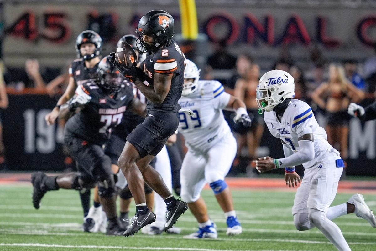 Oklahoma State wide receiver Terrill Davis (2) receives the ball in the third quarter during an NCAA football game between Oklahoma State (OSU) and Tulsa at Boone Pickens Stadium in Stillwater, Okla., on Friday, Sept. 19, 2025.