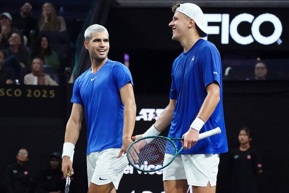 Sep 19, 2025; San Francisco, CA, USA; Team Europe player Carlos Alcaraz celebrates with Jakub Mensik during their doubles match against Team World in match four of the Laver Cup at Chase Center. Mandatory Credit: David Gonzales-Imagn Images