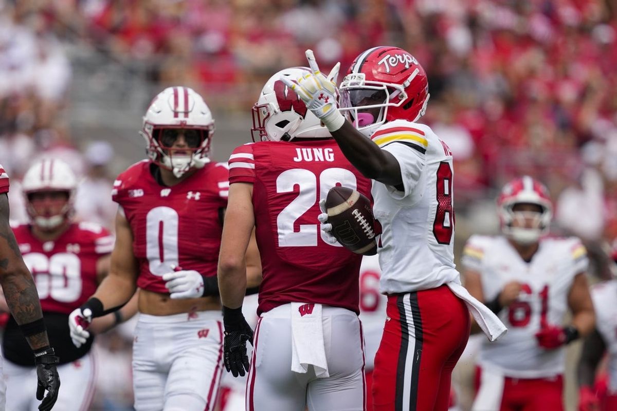 Sep 20, 2025; Madison, Wisconsin, USA;  Maryland Terrapins wide receiver Kaleb Webb (84) celebrates after earning a first down during the second quarter against the Wisconsin Badgers at Camp Randall Stadium. Mandatory Credit: Jeff Hanisch-Imagn Images