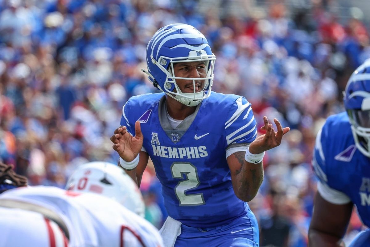 Sep 20, 2025; Memphis, Tennessee, USA; Memphis Tigers quarterback Brendon Lewis (2) looks on against the Arkansas Razorbacks during the first half at Simmons Bank Liberty Stadium. Mandatory Credit: Wesley Hale-Imagn Images