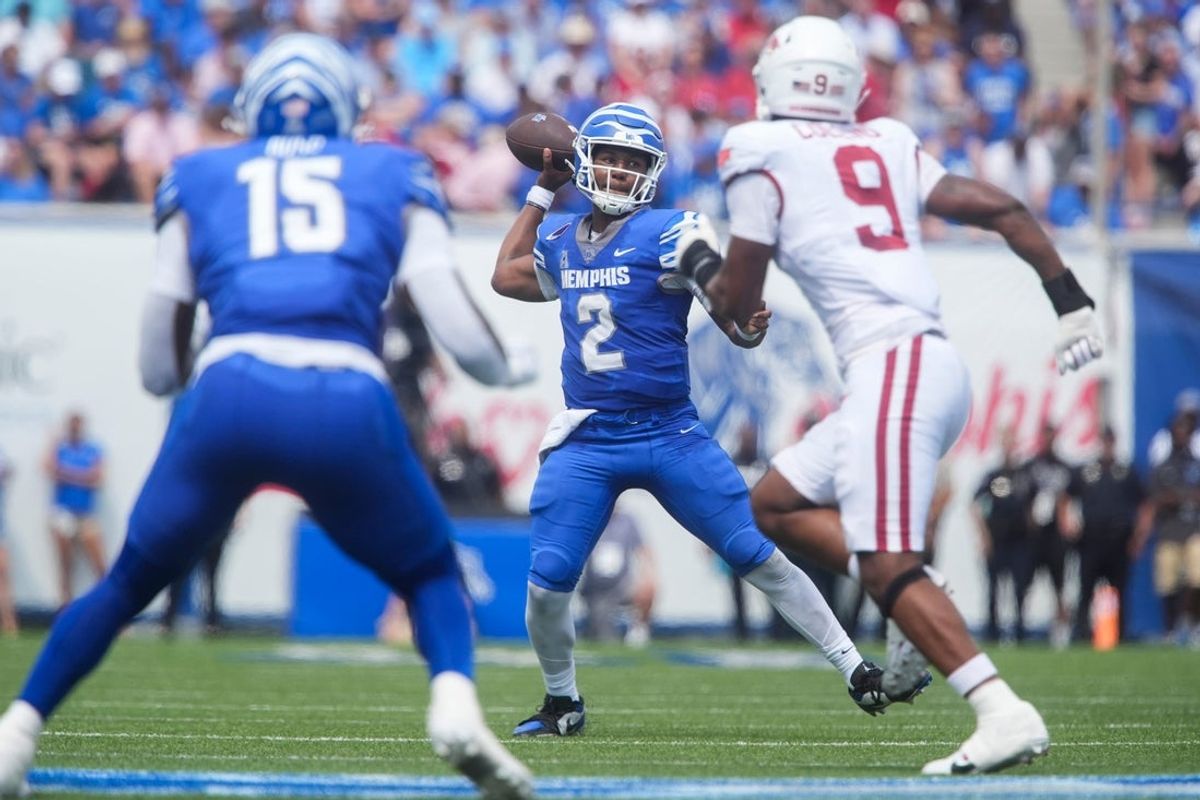 Memphis' Brendon Lewis (2) prepares to throw a pass during the game between Memphis and Arkansas at Simmons Bank Liberty Stadium in Memphis, Tenn., on September 20, 2025.