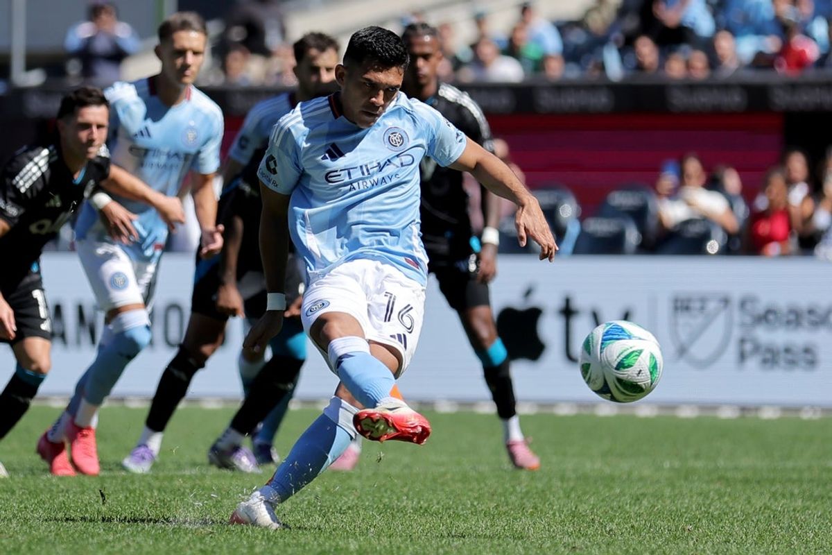 Sep 20, 2025; New York, New York, USA; New York City FC forward Alonso Martinez (16) scores his second goal of the game on a penalty kick against Charlotte FC during the second half at Yankee Stadium. Mandatory Credit: Brad Penner-Imagn Images