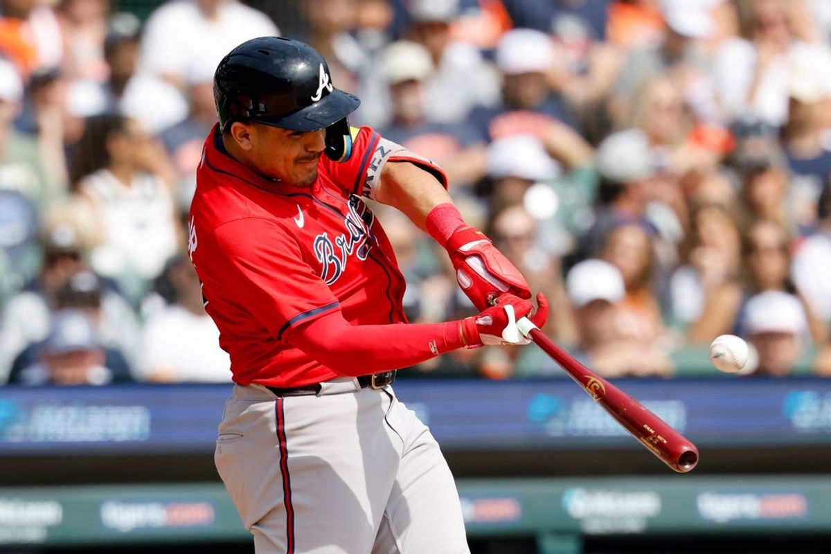 Sep 20, 2025; Detroit, Michigan, USA;  Atlanta Braves shortstop Nacho Alvarez Jr. (67) hits a home run in the third inning against the Detroit Tigers at Comerica Park. Mandatory Credit: Rick Osentoski-Imagn Images