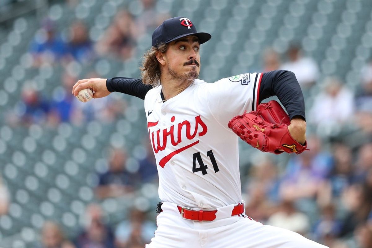 Sep 20, 2025; Minneapolis, Minnesota, USA; Minnesota Twins starting pitcher Joe Ryan (41) delivers a pitch against the Cleveland Guardians during the first inning of game one of a double header at Target Field. Mandatory Credit: Matt Krohn-Imagn Images