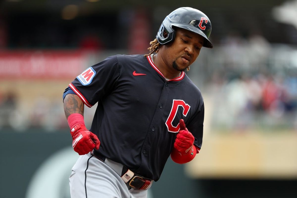 Sep 20, 2025; Minneapolis, Minnesota, USA; Cleveland Guardians designated hitter Jose Ramirez (11) runs the bases after hitting a solo home run against the Minnesota Twins during the first inning of game one of a double header at Target Field. Mandatory Credit: Matt Krohn-Imagn Images