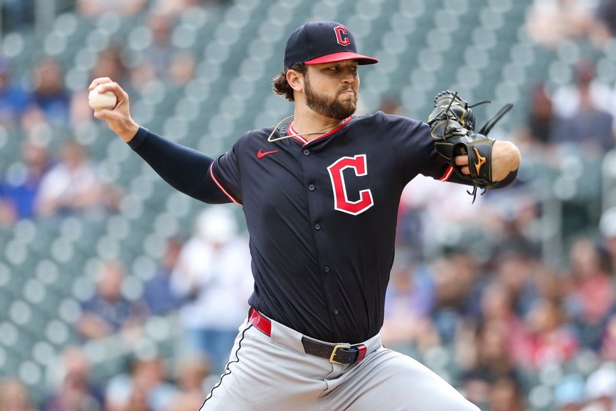 Sep 20, 2025; Minneapolis, Minnesota, USA; Cleveland Guardians starting pitcher Slade Cecconi (44) delivers a pitch against the Minnesota Twins during the first inning of game one of a double header at Target Field. Mandatory Credit: Matt Krohn-Imagn Images