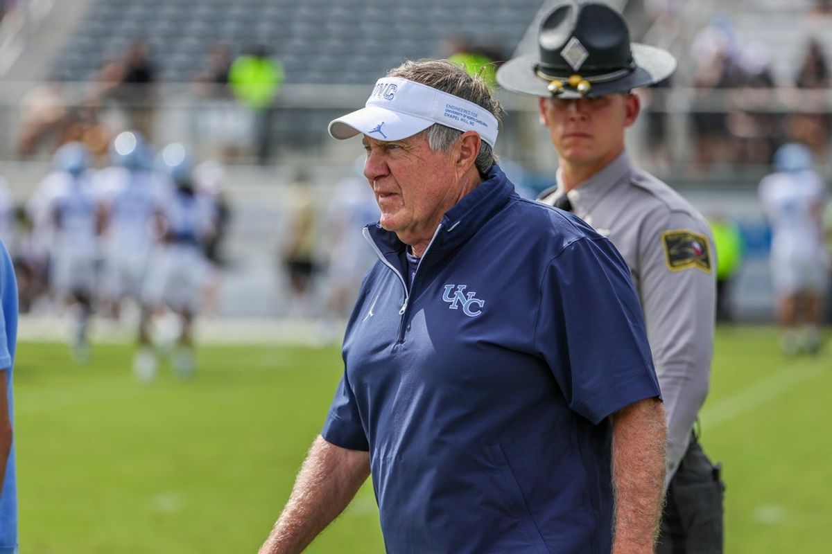 Sep 20, 2025; Orlando, Florida, USA; North Carolina Tar Heels head coach Bill Belichick walks into the field before the game against the UCF Knights at the Bounce House Stadium. Mandatory Credit: Mike Watters-Imagn Images