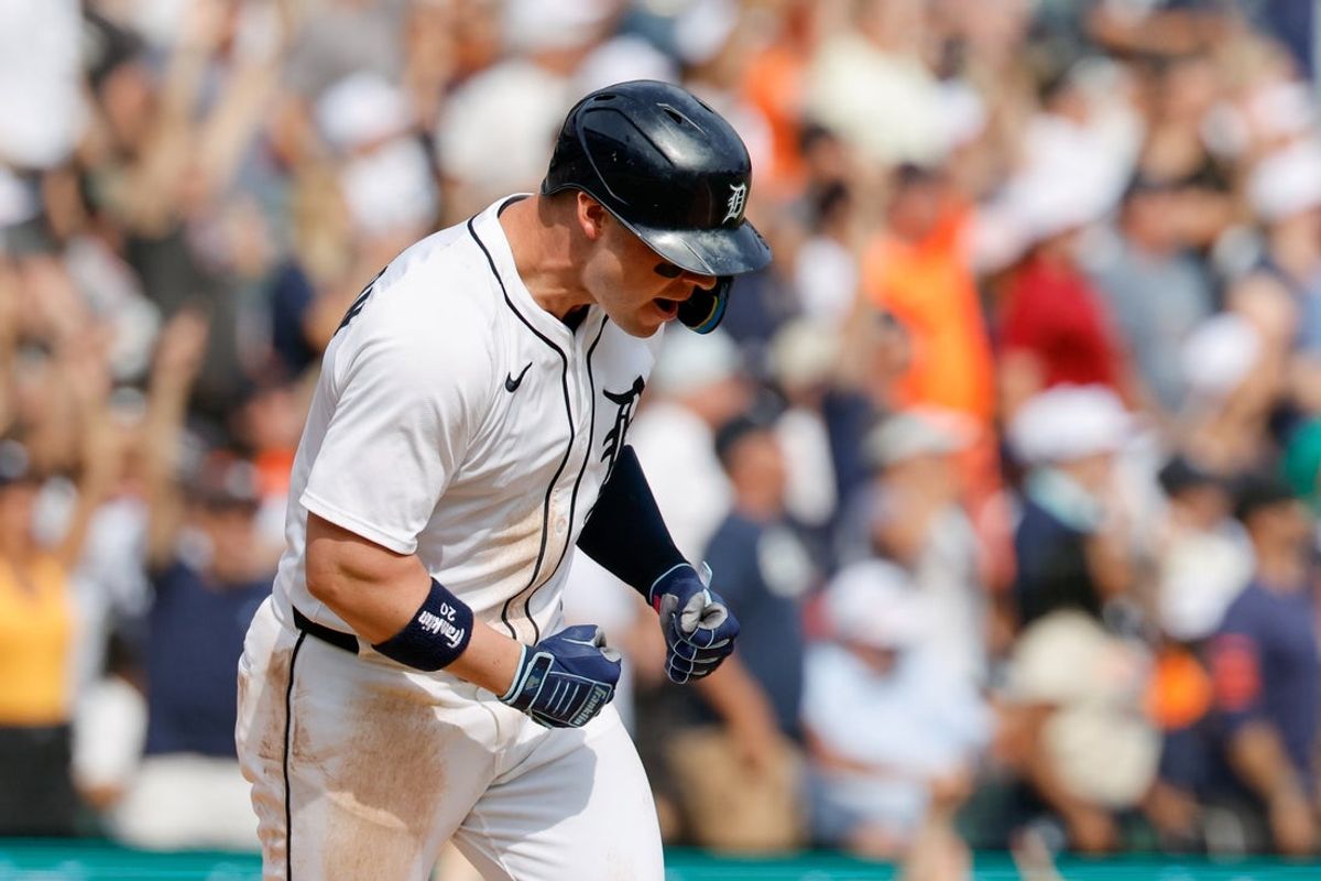 Sep 20, 2025; Detroit, Michigan, USA;  Detroit Tigers first base Spencer Torkelson (20) celebrates after he hits a two run home run in the seventh inning against the Atlanta Braves  in the seventh inning against the Atlanta Braves at Comerica Park. Mandatory Credit: Rick Osentoski-Imagn Images