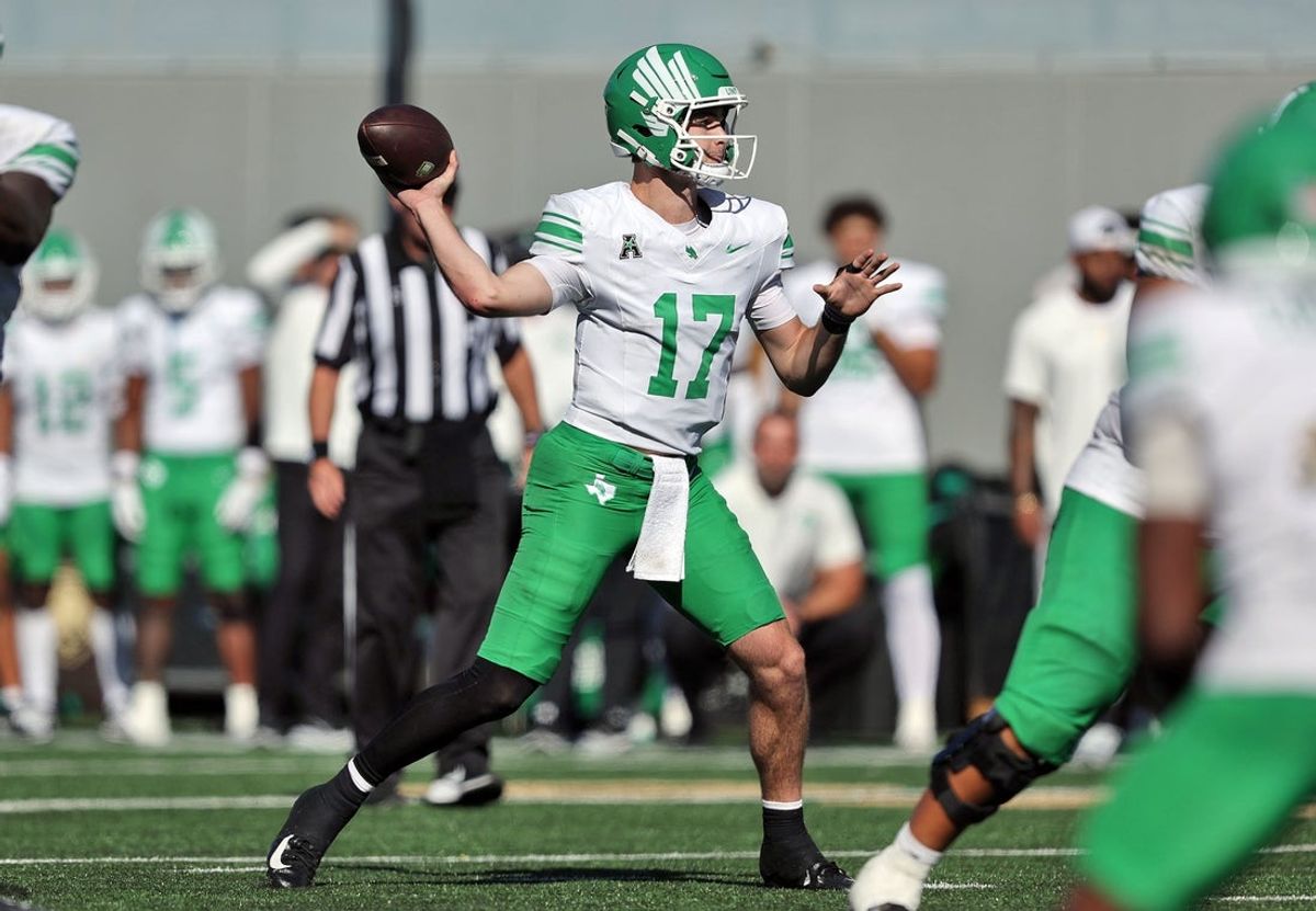 Sep 20, 2025; West Point, New York, USA; North Texas Mean Green quarterback Drew Mestemaker (17) throws a pass against the Army Black Knights during the second half at Michie Stadium. Mandatory Credit: Danny Wild-Imagn Images