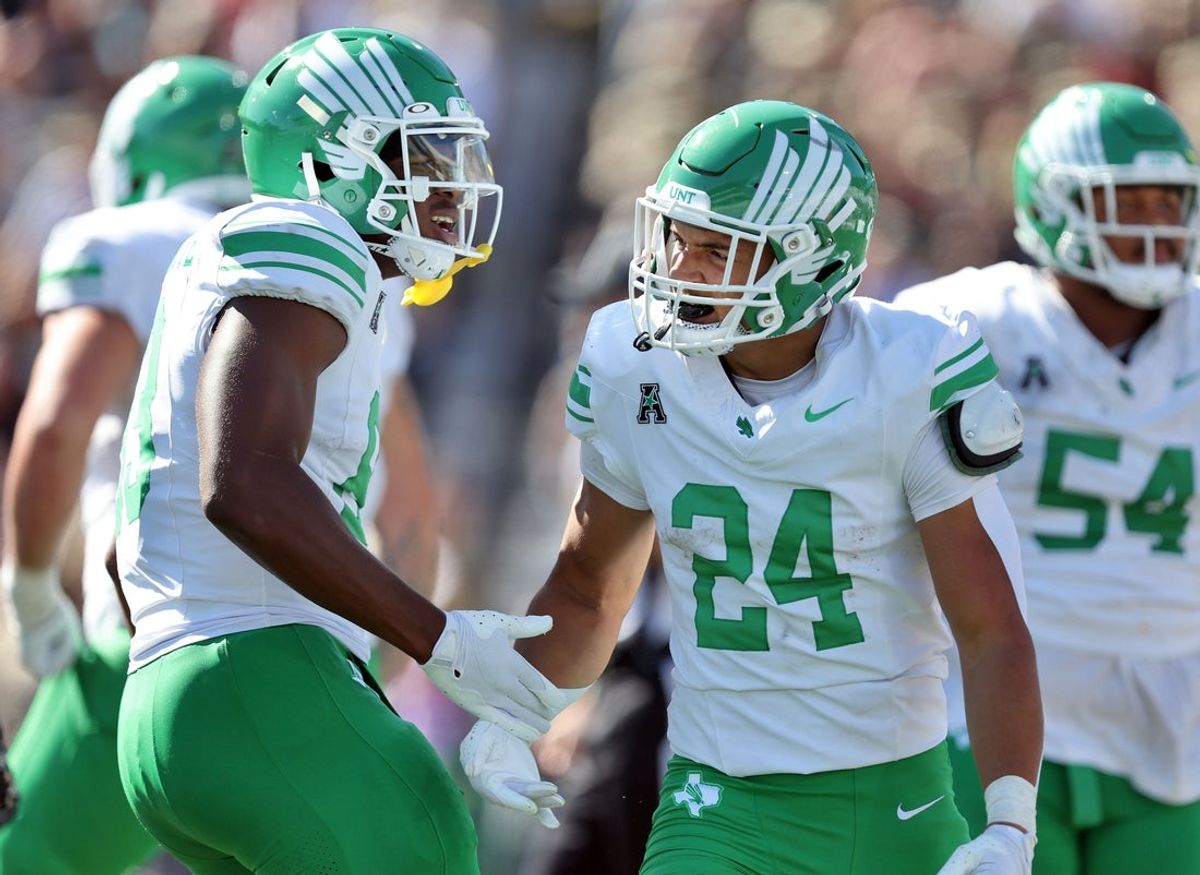 Sep 20, 2025; West Point, New York, USA; North Texas Mean Green running back Caleb Hawkins (24) celebrates his touchdown against the Army Black Knights during the second half at Michie Stadium. Mandatory Credit: Danny Wild-Imagn Images