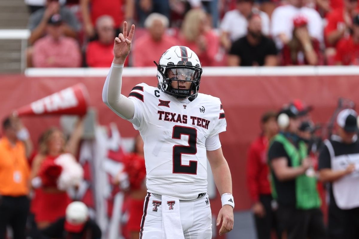 Sep 20, 2025; Salt Lake City, Utah, USA; Texas Tech Red Raiders quarterback Behren Morton (2) signals to the sideline during the first quarter of the game against the Utah Utes at Rice-Eccles Stadium. Mandatory Credit: Rob Gray-Imagn Images