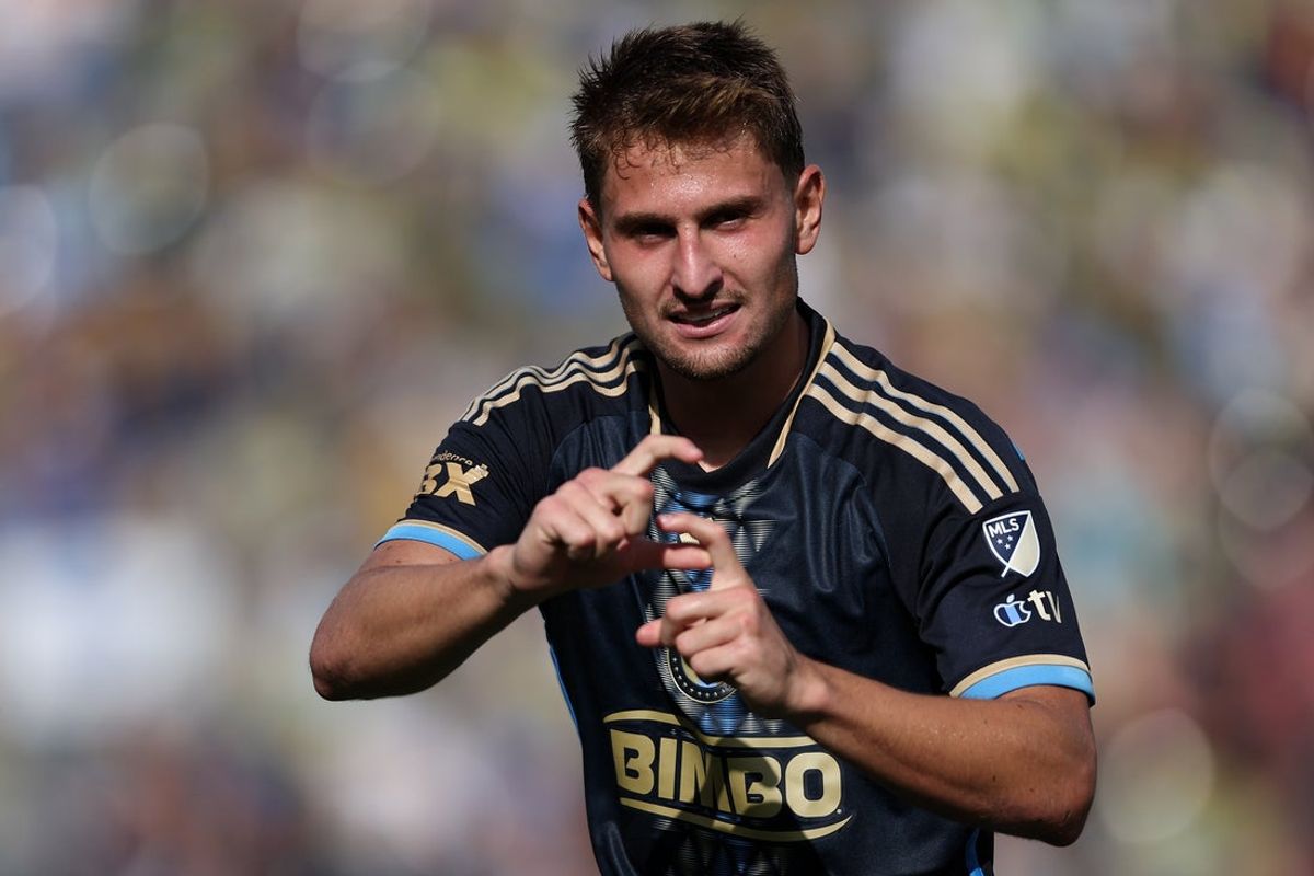 Sep 20, 2025; Chester, Pennsylvania, USA; Philadelphia Union forward Bruno Damiani (20) reacts after scoring against the New England Revolution during the second half at Subaru Park. Mandatory Credit: Bill Streicher-Imagn Images