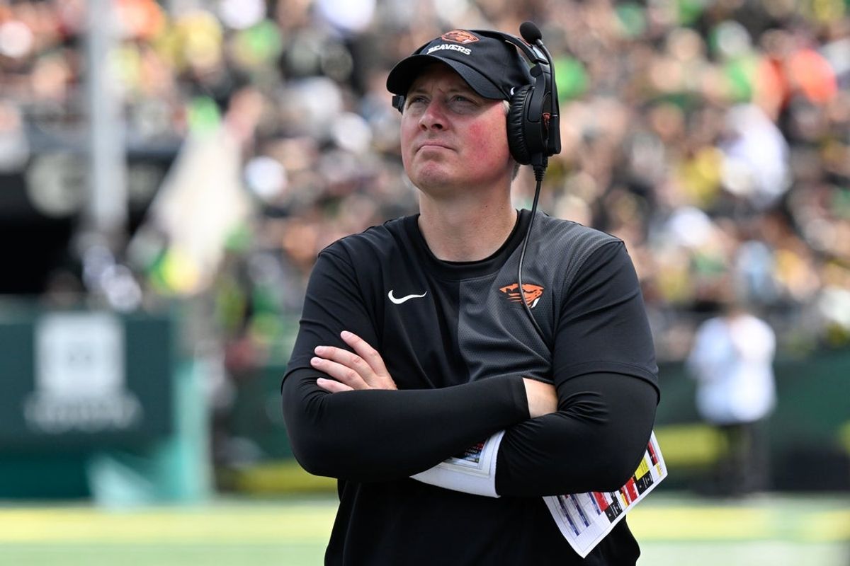 Sep 20, 2025; Eugene, Oregon, USA; Oregon State Beavers head coach Trent Bray looks on during the second quarter of the game against the Oregon Ducks at Autzen Stadium. Mandatory Credit: Troy Wayrynen-Imagn Images