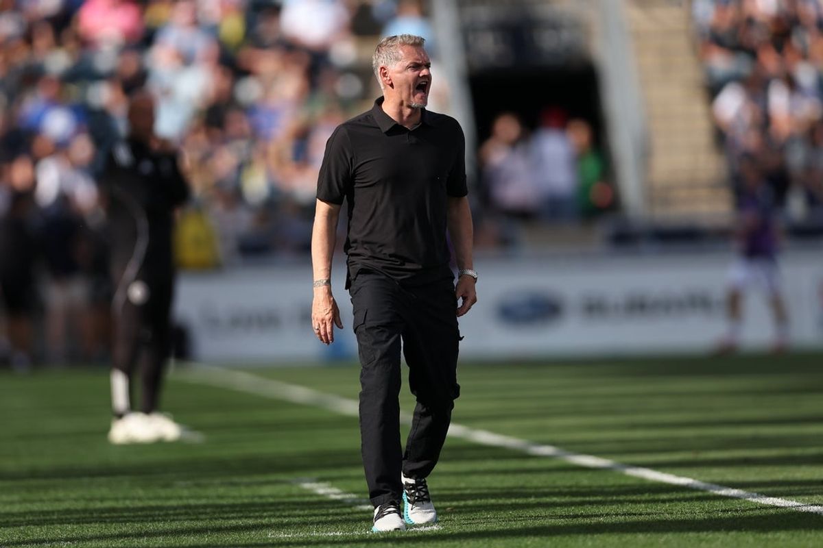 Sep 20, 2025; Chester, Pennsylvania, USA; Philadelphia Union head coach Bradley Carnell reacts to a play against the New England Revolution during the second half at Subaru Park. Mandatory Credit: Bill Streicher-Imagn Images