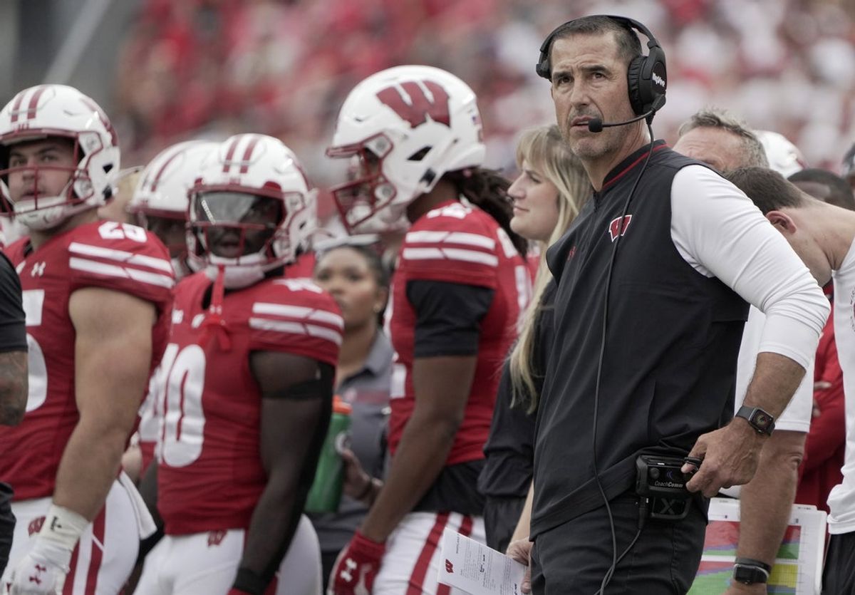 Sep 20, 2025; Madison, Wisconsin, USA; Wisconsin Badgers head coach Luke Fickell is shown during the third quarter of their game against the Maryland Terrapins at Camp Randall Stadium. Mandatory Credit: Mark Hoffman/USA Today Network via Imagn Images