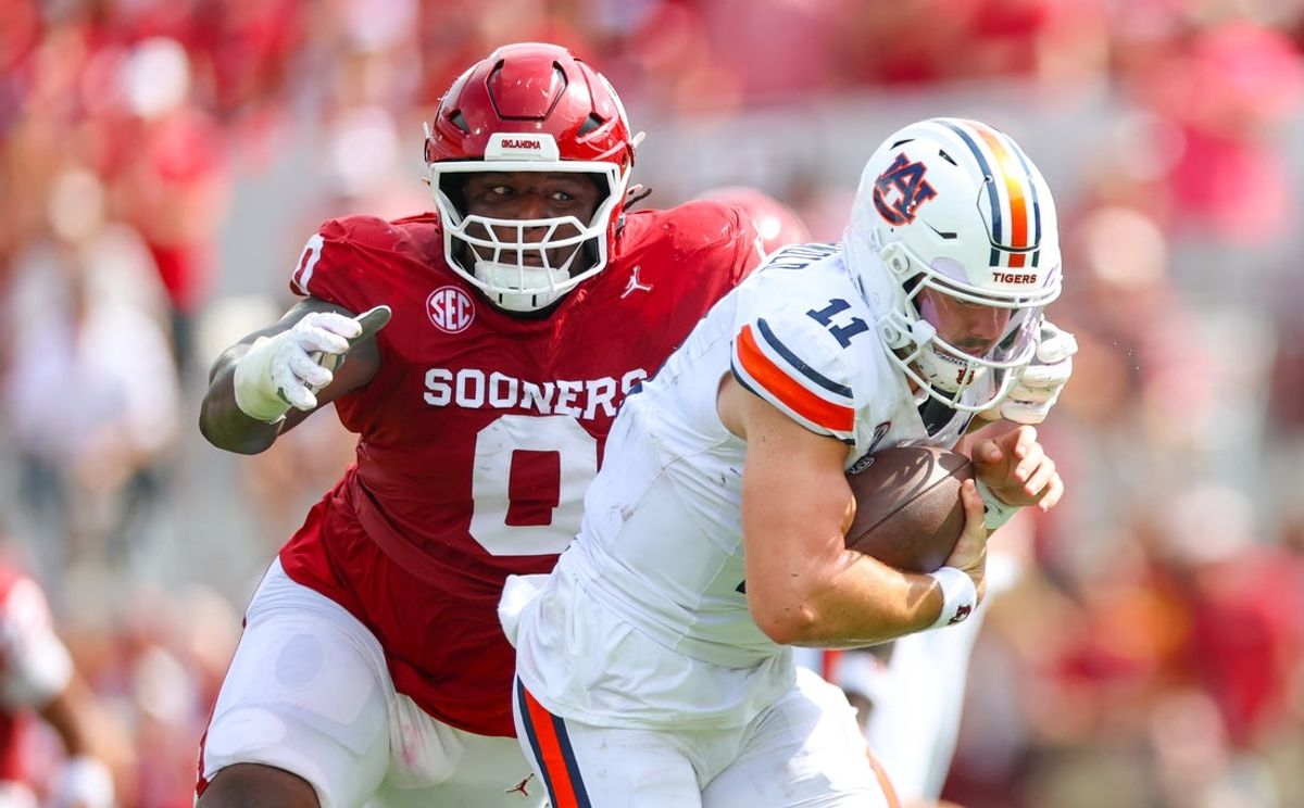 Sep 20, 2025; Norman, Oklahoma, USA;  Oklahoma Sooners defensive lineman David Stone (0) sacks Auburn Tigers quarterback Jackson Arnold (11) during the first half at Gaylord Family-Oklahoma Memorial Stadium. Mandatory Credit: Kevin Jairaj-Imagn Images