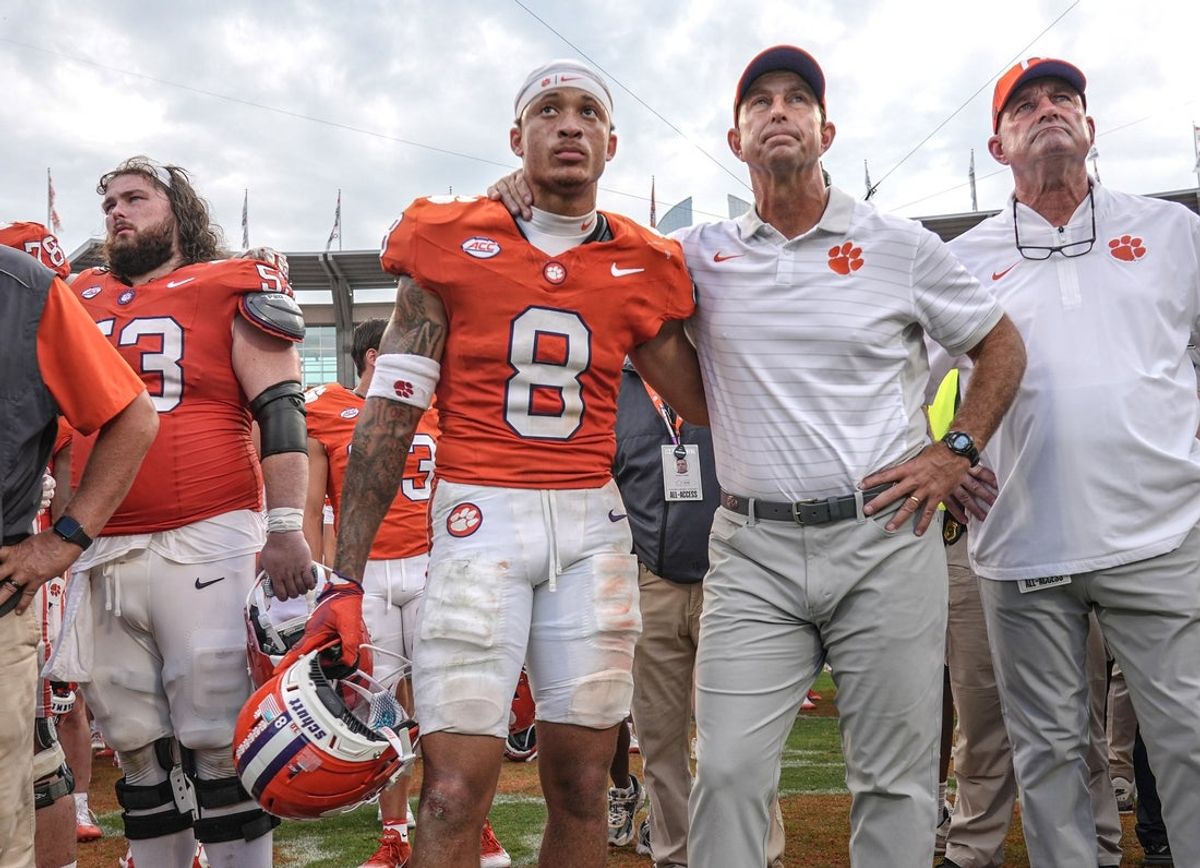 Sep 20, 2025; Clemson, South Carolina, USA; Clemson Tigers cornerback Avieon Terrell (8) stands with head coach Dabo Swinney after losing to the Syracuse Orange at Memorial Stadium. Mandatory Credit: Ken Ruinard/GREENVILLE NEWS-USA TODAY Network via Imagn Images