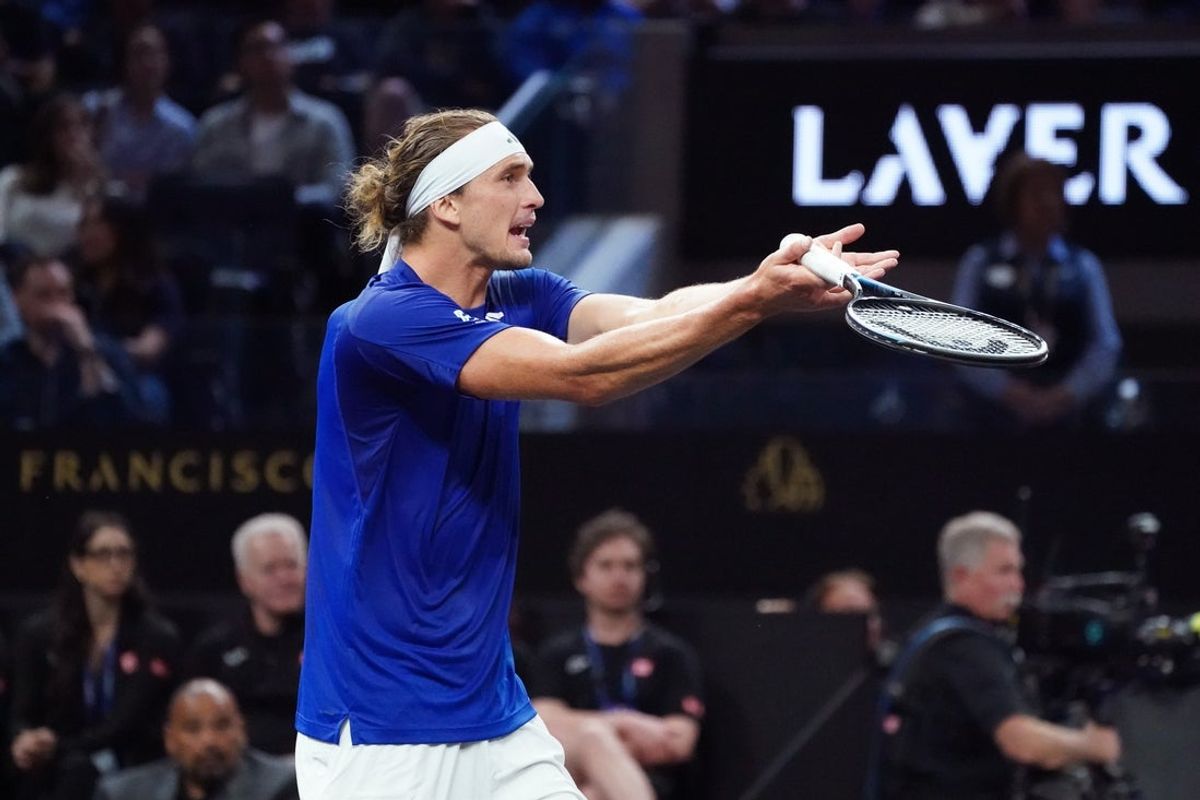 Sep 20, 2025; San Francisco, CA, USA;  Team Europe player Alexander Zverev reacts during his match against Team World Player Alexander de Minaur during the Laver Cup at Chase Center. Mandatory Credit: David Gonzales-Imagn Images