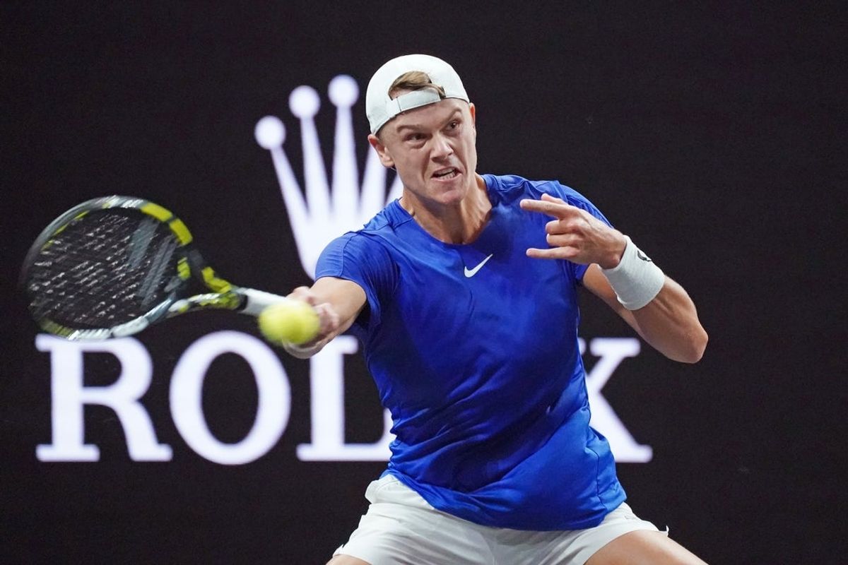Sep 20, 2025; San Francisco, CA, USA;  Team Europe player Holger Rune returns a ball from Team World player Francisco Cerundolo during the Laver Cup at Chase Center. Mandatory Credit: David Gonzales-Imagn Images