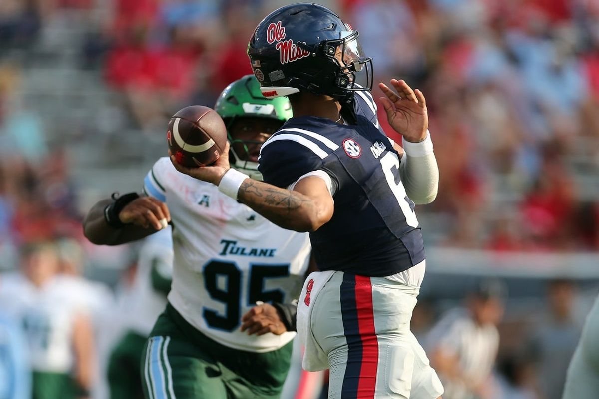 Sep 20, 2025; Oxford, Mississippi, USA; Mississippi Rebels quarterback Trinidad Chambliss (6) passes the ball during the fourth quarter against the Tulane Green Wave at Vaught-Hemingway Stadium. Mandatory Credit: Petre Thomas-Imagn Images