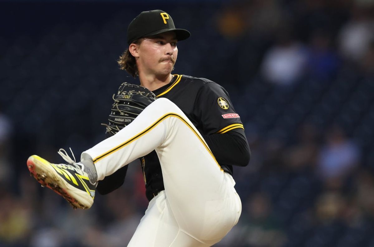 Sep 20, 2025; Pittsburgh, Pennsylvania, USA;  Pittsburgh Pirates starting pitcher Bubba Chandler (57) pitches against the Athletics during the second inning at PNC Park. Mandatory Credit: Charles LeClaire-Imagn Images