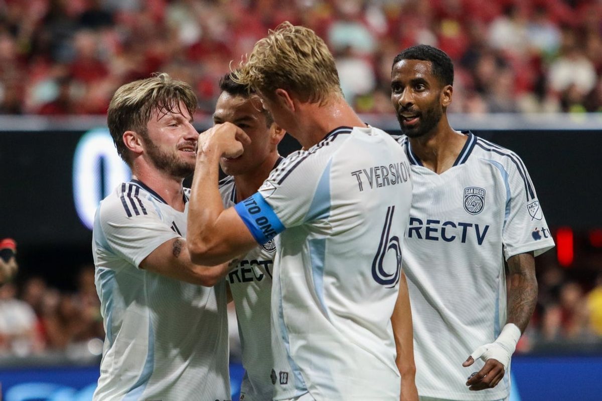 Sep 20, 2025; Atlanta, Georgia, USA; San Diego FC midfielder Anders Dreyer (10), midfielder Hirving Lozano (11), and defender Jeppe Tverskov (6) celebrate a goal against the Atlanta United during the first half at Mercedes-Benz Stadium. Mandatory Credit: Jordan Godfree-Imagn Images
